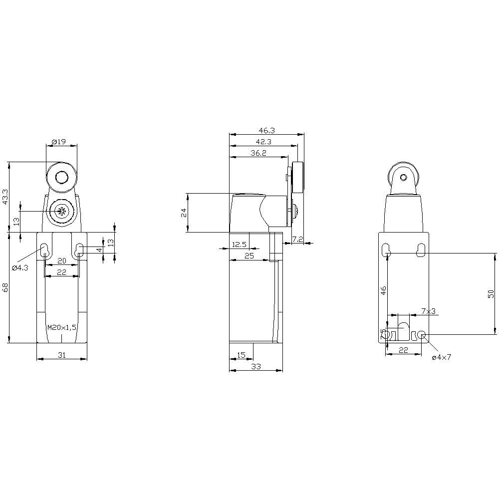 Technical drawing of a mechanical component with dimensions in millimetres. Shows three views: front view, side view, top view.