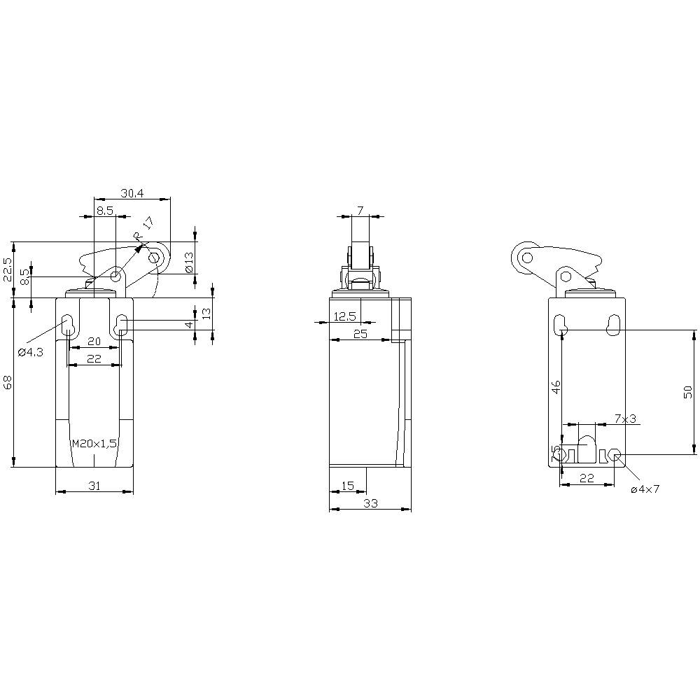 Technical drawing of a machine part with multiple views and dimensioning. Values are shown in millimetres.