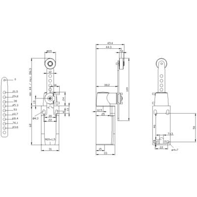 Mechanical drawing of a lever arm with dimensions in millimetres; shows front, side, and top views of the component.
