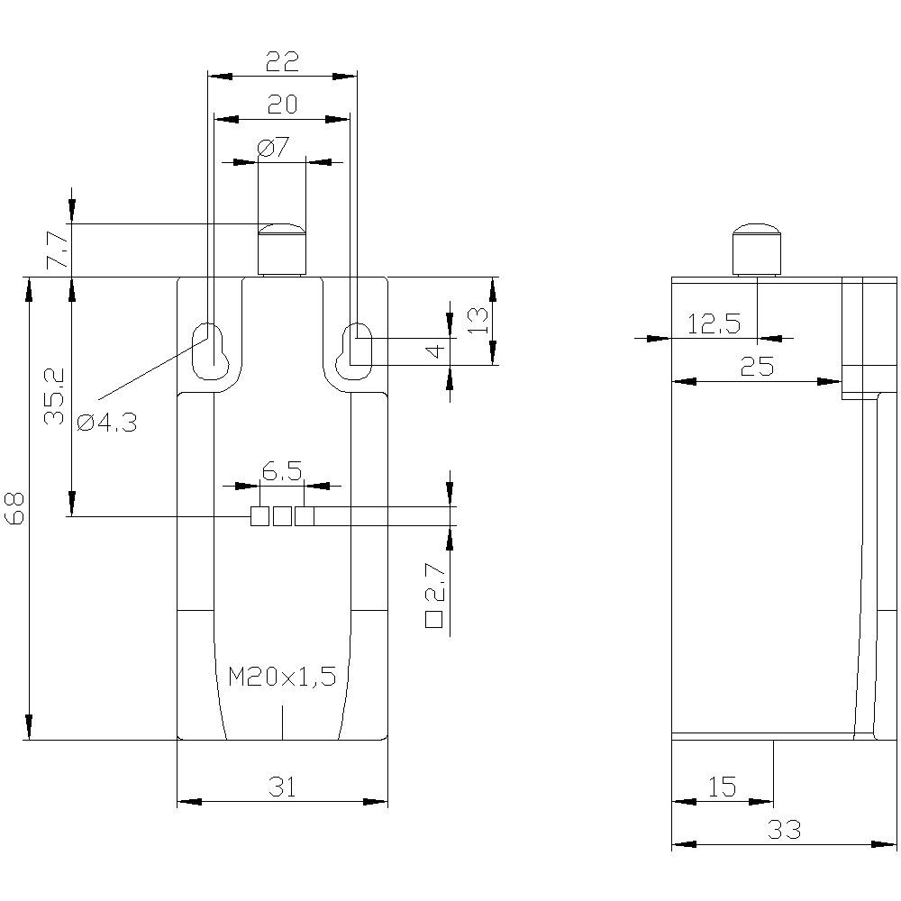 Technical drawing of a bolt with dimensions: Length 68 mm, Width 31 mm, Hole diameter 7 mm, Thread M20x1.5.