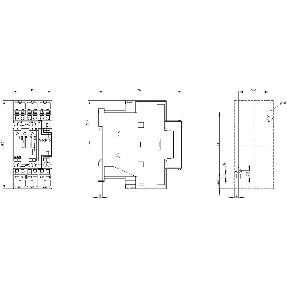 'Technical drawing of an electrical circuit diagram with dimensions and component details, top and side view.'