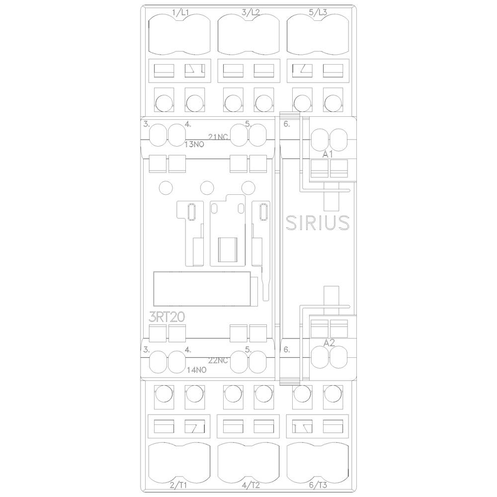 'Circuit diagram of a Sirius relay, showing electrical contacts and connections. Labelled points: 1/L1, 3/L2, 5/L3, 2/T1, 4/T2, 6/T3.'