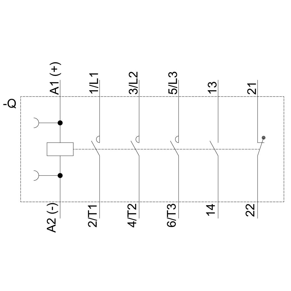 Circuit diagram of an electrical protective relay with three main switches, contacts labelled as A1, A2, 13, 14, 21, 22, L1, L2, L3.
