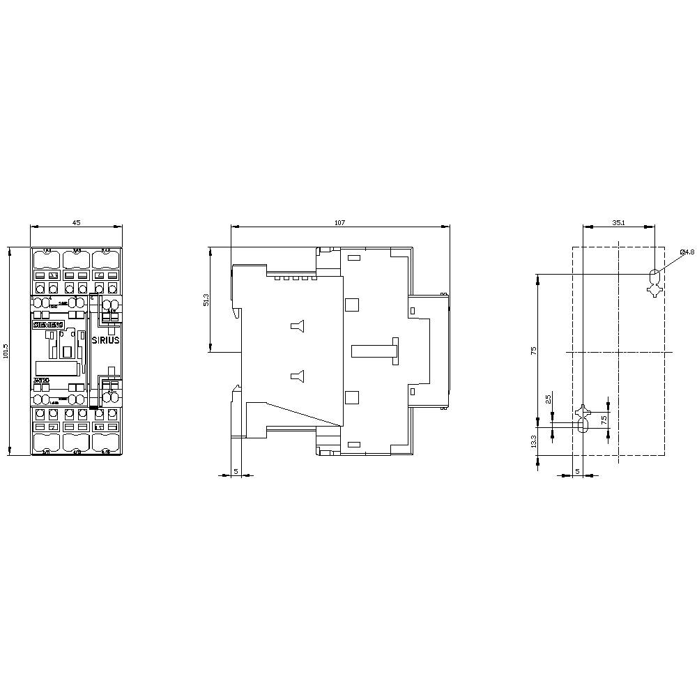 Technical drawing of an electrical component with dimensions. Shows three views: front view, side view, and top view.