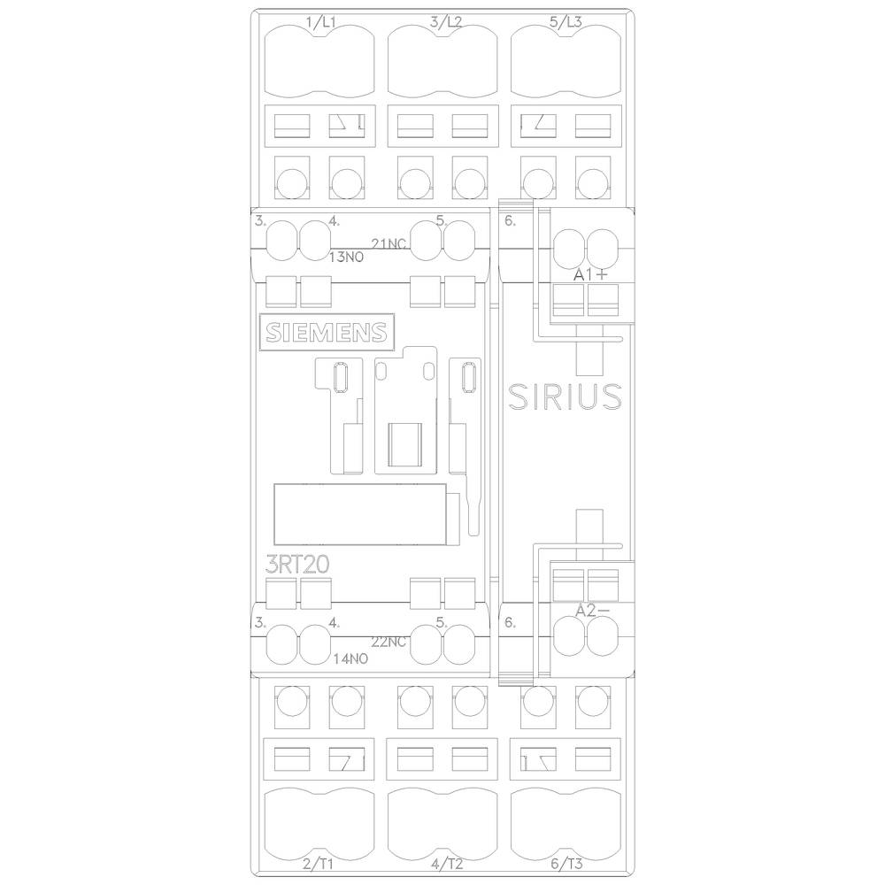Technical drawing of a switching device with the inscription 'SIEMENS SIRIUS'. Shows connections and contact numbers for wiring.