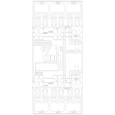 Technical drawing of a switching device with the inscription 'SIEMENS SIRIUS'. Shows connections and contact numbers for wiring.