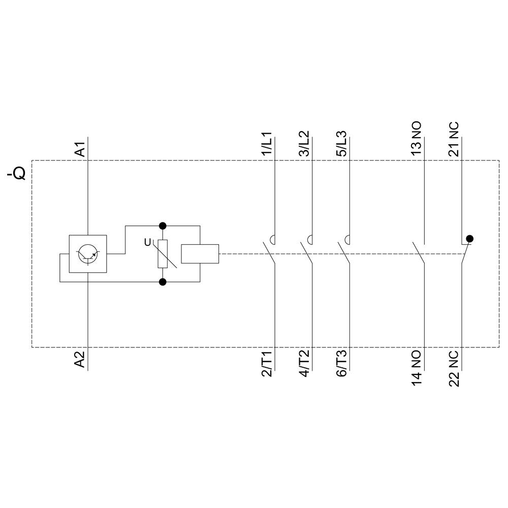 'Schematic circuit diagram of an electromagnet. Shows terminals A1, A2, 1L1, 3L2, 5L3 and switching contacts 2TT, 4/TT and others.'