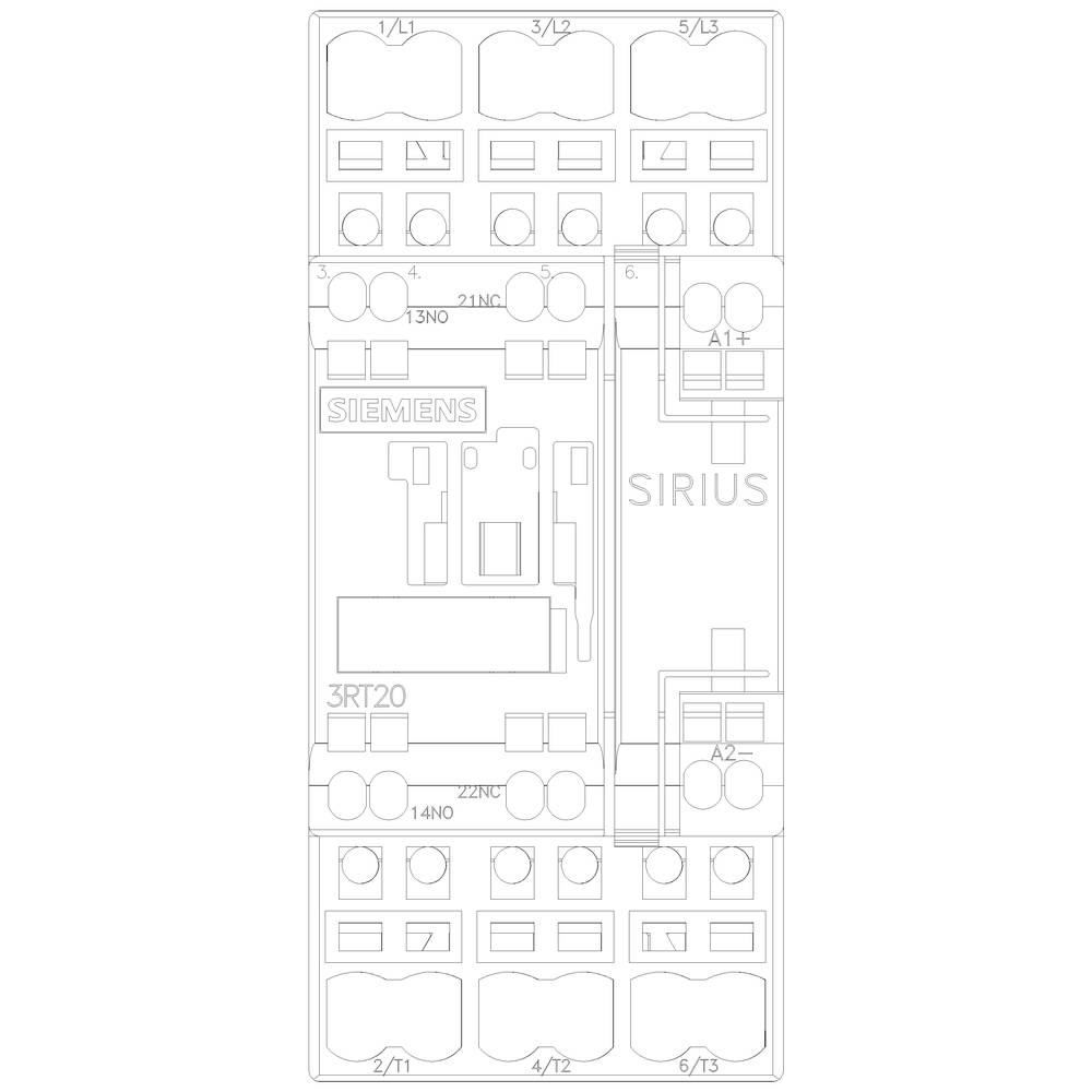 Technical drawing of a Siemens SIRIUS contactor with various connections and relevant circuit symbols.