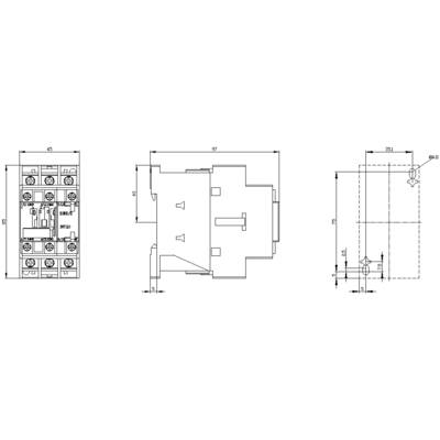 Technical drawing of an electrical relay, showing front, side, and top views with precise dimensions in millimetres.