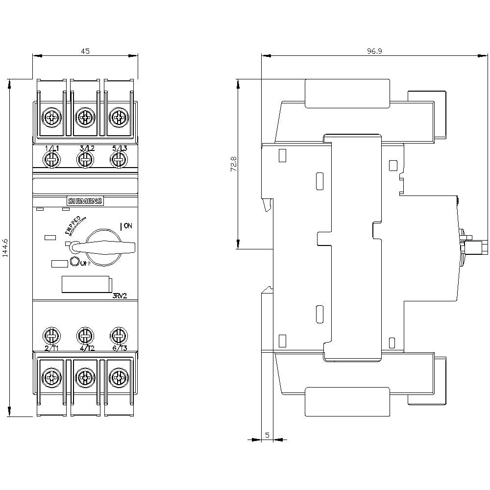 Circuit diagram of an electric blind switch with dimensions: Height 72.8 mm, Width 45 mm. Shows front and side view.