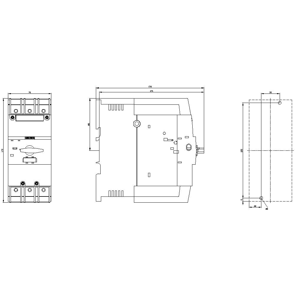 'Technical drawing of an electrical circuit breaker from the front, side and top view, with dimensional specifications and detailed cross-section.'