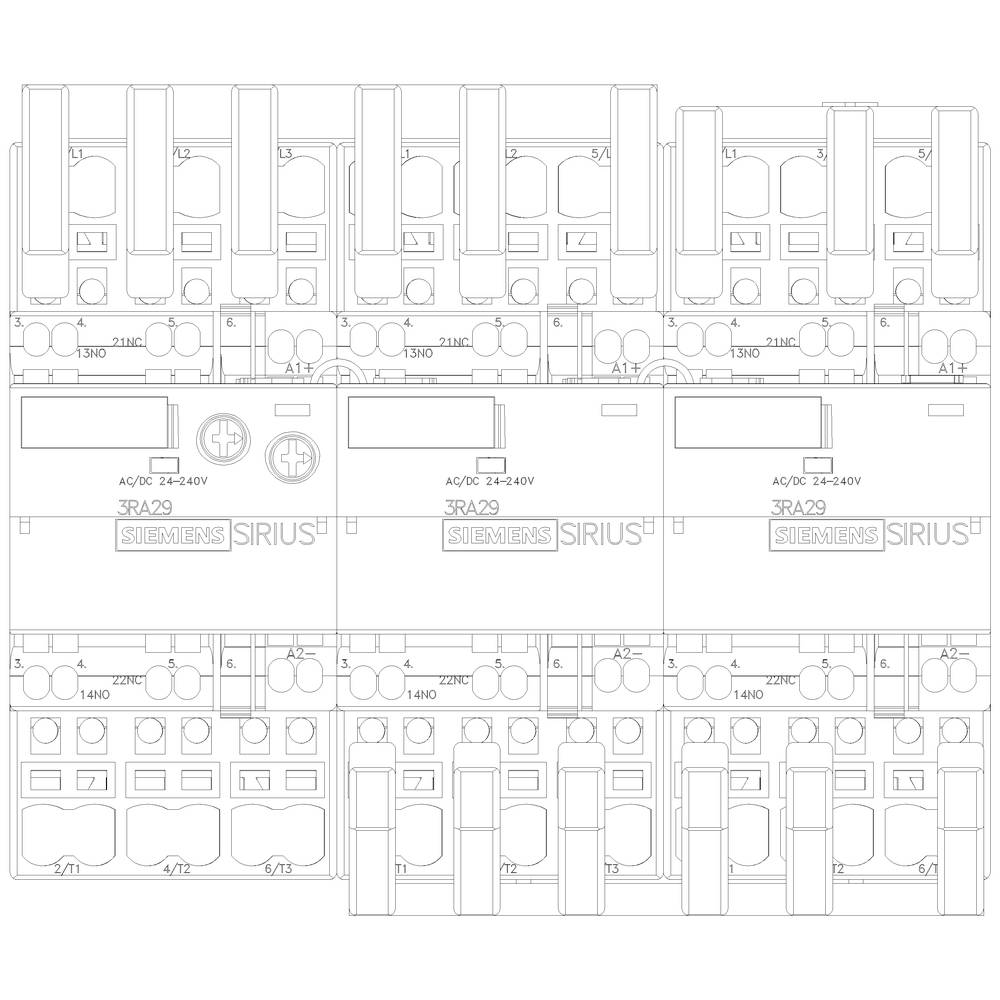 Technical drawing of a switchgear with various electrical components. Primarily depicting SIRIUS devices.
