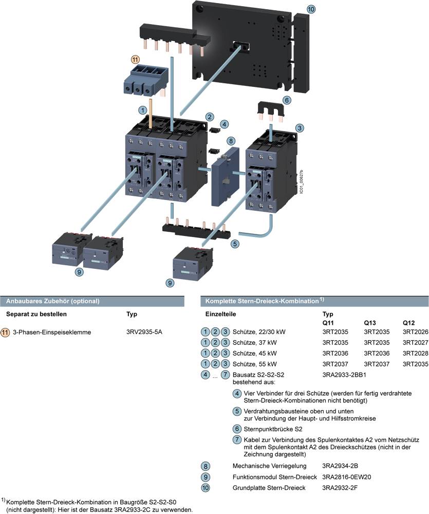 'Diagram shows electrical combination circuits with star-delta combinations, terminals and accessories. Identified components with numbers and type specifications.'