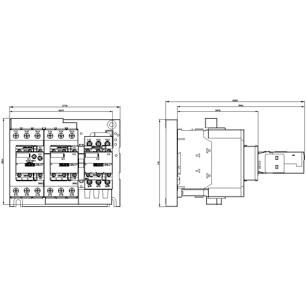 Technical drawing of an electrical switching device with front and side views, including detailed dimensional specifications.