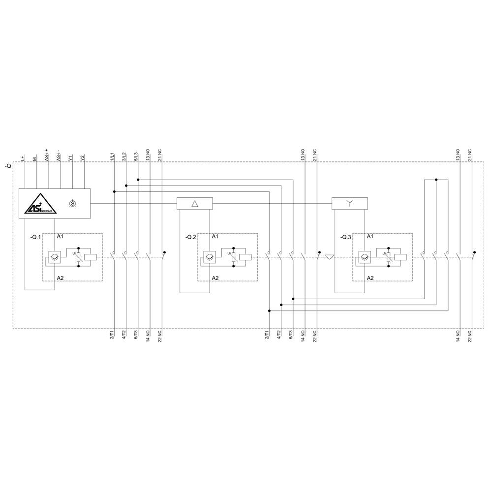 Circuit diagram of an electric motor with star-delta starting. Shows switches, relays, and connections for motor control.