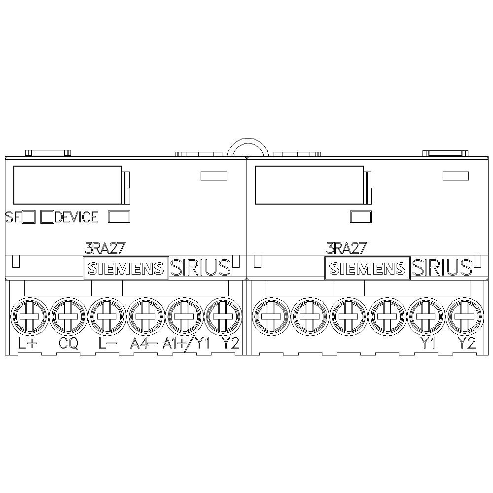 A technical drawing shows two Siemens Sirius devices, Model 3RA27, lying side by side, with specific connection designations.