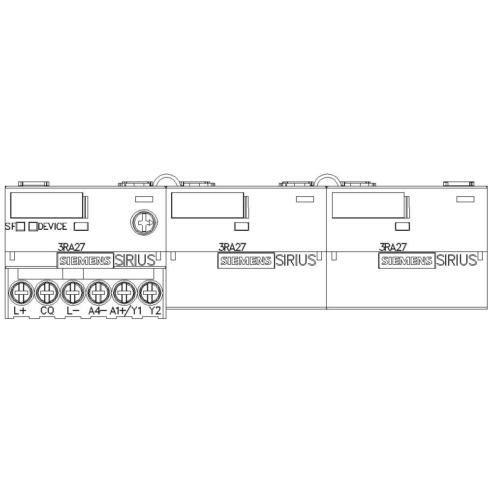 Drawing of an electrical switchgear with labels: '3RA27', connections at the bottom, display and buttons in the centre.