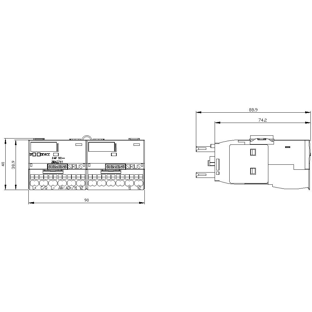 Technical drawing of a device with front and side views. Dimensions are specified, e.g. width 90 mm, height 53 mm.