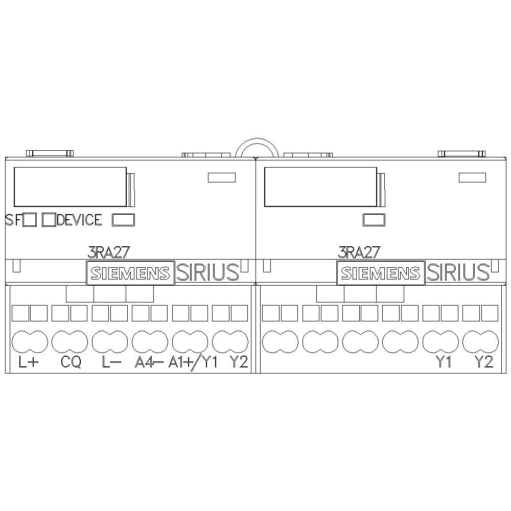 Industrial control device sketch with labels '3RA27' and 'Siemens Sirius', showing connections L+, CQ, Y1, Y2 for control purposes.