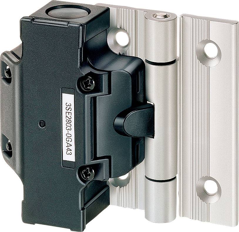 Industrial hinge with integrated sensor, monitoring metallic door locks. Black housing on the left, silver hinge on the right.