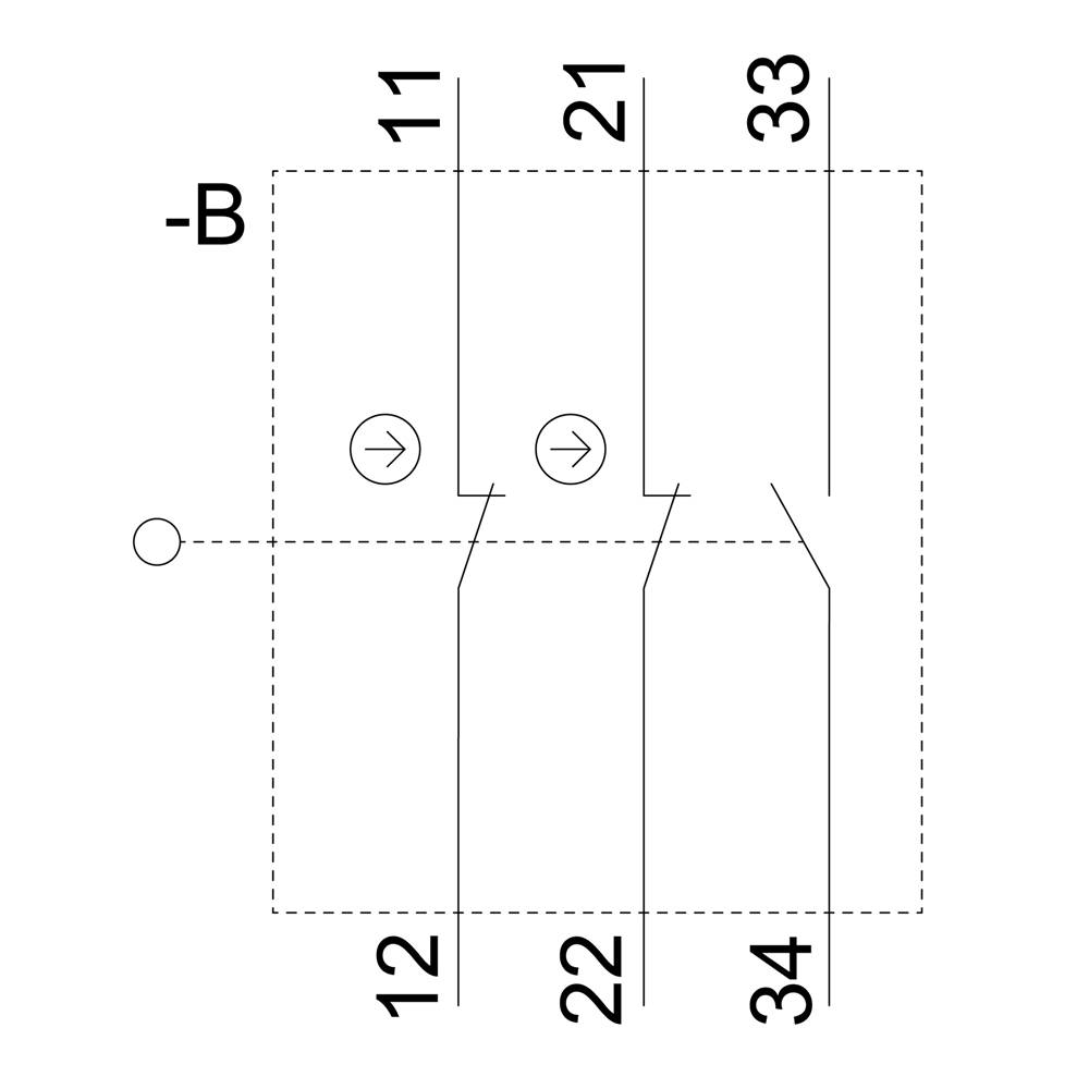 Diagram of a two-pole switch with the numbers 11, 12, 21, 22, 33, 34, and an arrow indicating the connection direction.