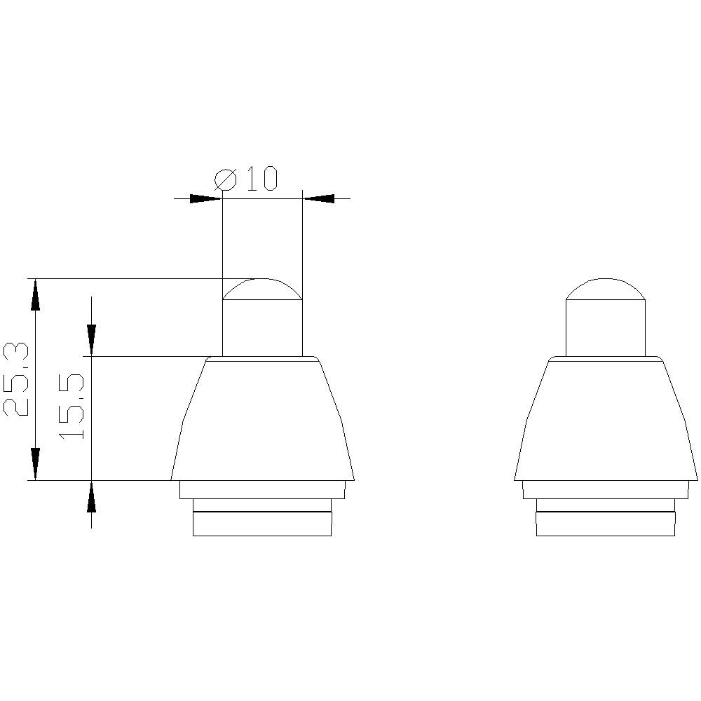 Technical drawing of two components. On the left, the component with dimensions: height 25.3 mm, diameter 10 mm. On the right, the same component without dimension annotations.
