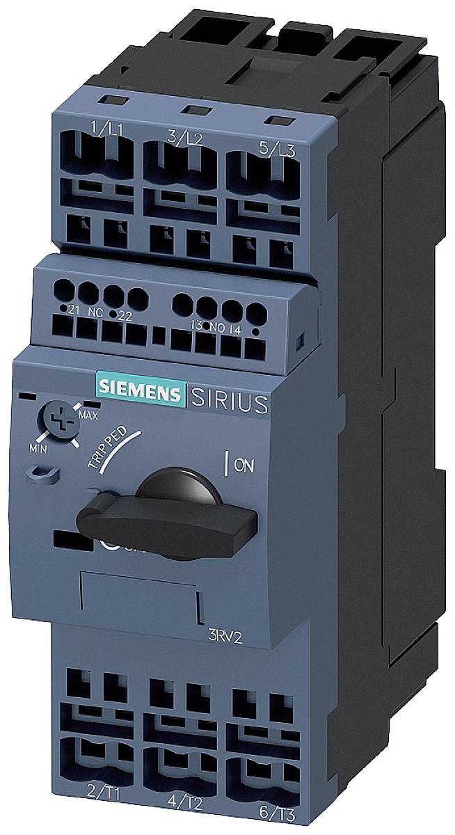 'Siemens SIRIUS 3RV2 circuit breaker with rotary switch for controlling and protecting electrical circuits.'