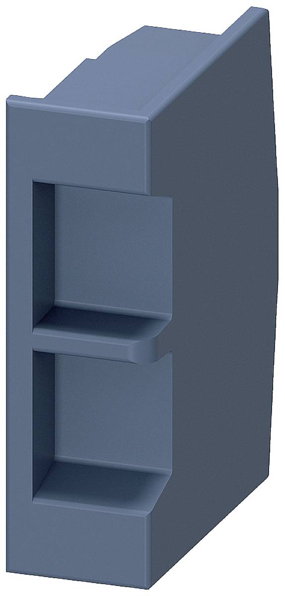 Blue plastic plug with a rectangular shape, two recesses and an implied locking function, often used for electrical connections.