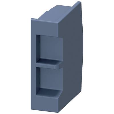 Blue plastic plug with a rectangular shape, two recesses and an implied locking function, often used for electrical connections.