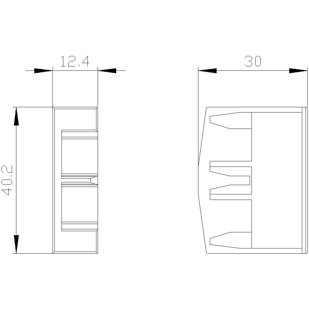 Technical drawing of a rectangular object with dimensions 40.2 x 12.4 x 30, showing a side and top view with internal features.