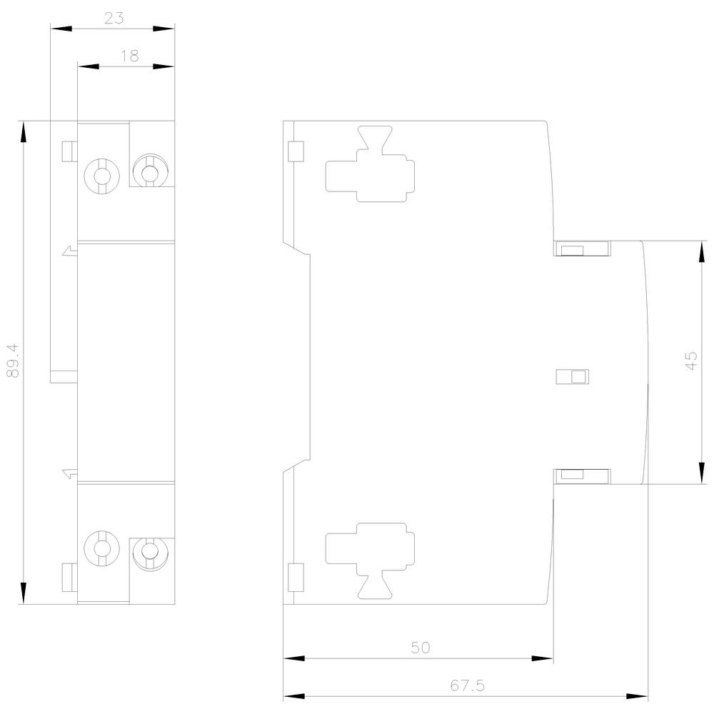 Technical drawing of an electrical component with dimensions: Height 89.4 mm, Width 45 mm, Depth 67.5 mm, and additional details.