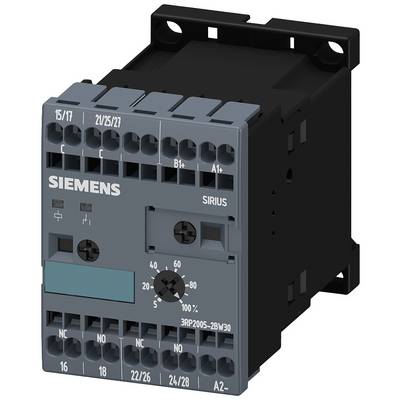 Digital time relay by Siemens, model SIRIUS 3RP2005, with multiple connection terminals and a rotary knob for time adjustment.