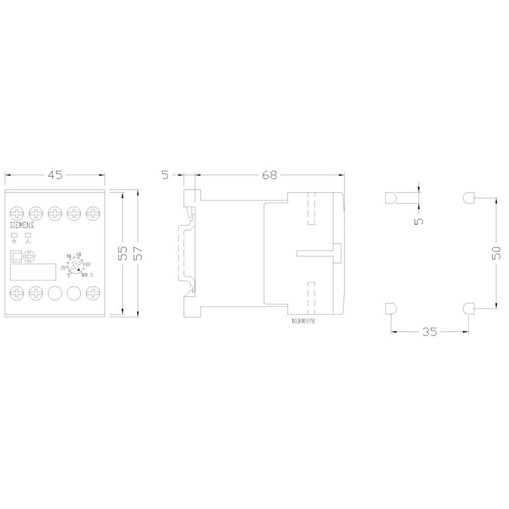 Technical drawing of an electronic component with dimensions: width 45, height 57, depth 68. Diagram shows cross-section view.