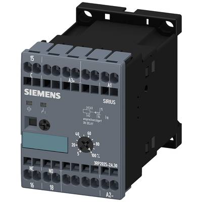Siemens time relay from the SIRIUS series, Type 3RP2025-2A. Features multiple connection terminals and a clear scale.