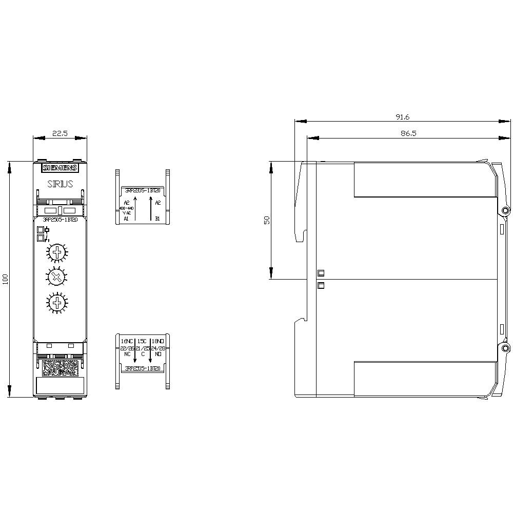 Technical drawing of an electronic component with front and side view. Dimensions: 22.5 mm width, 91.6 mm length.