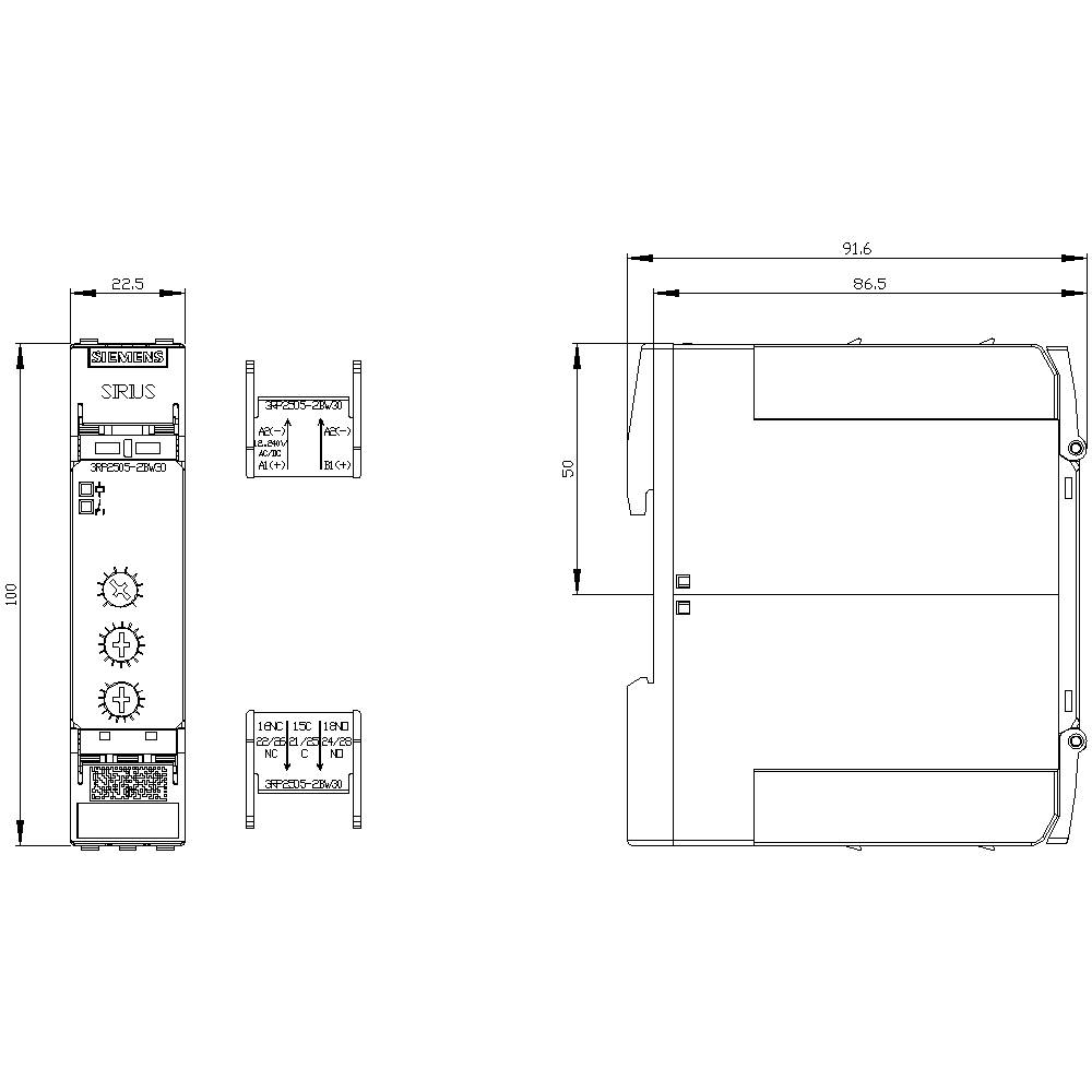 Technical drawing of an electronic device with dimensions. On the left, controls are visible; the side view on the right shows the depth and height.