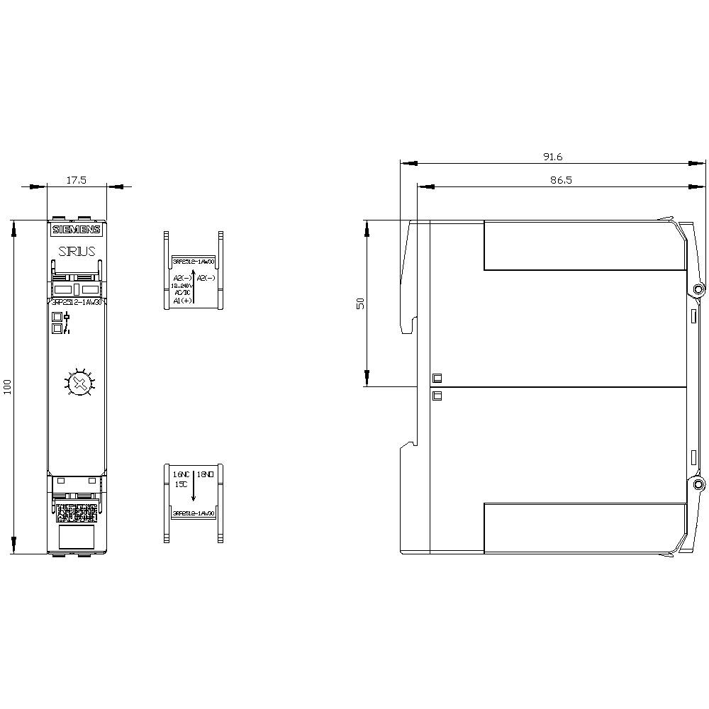 Dimensional drawing of an electronic device by Siemens with width, height, and length specifications in millimetres.