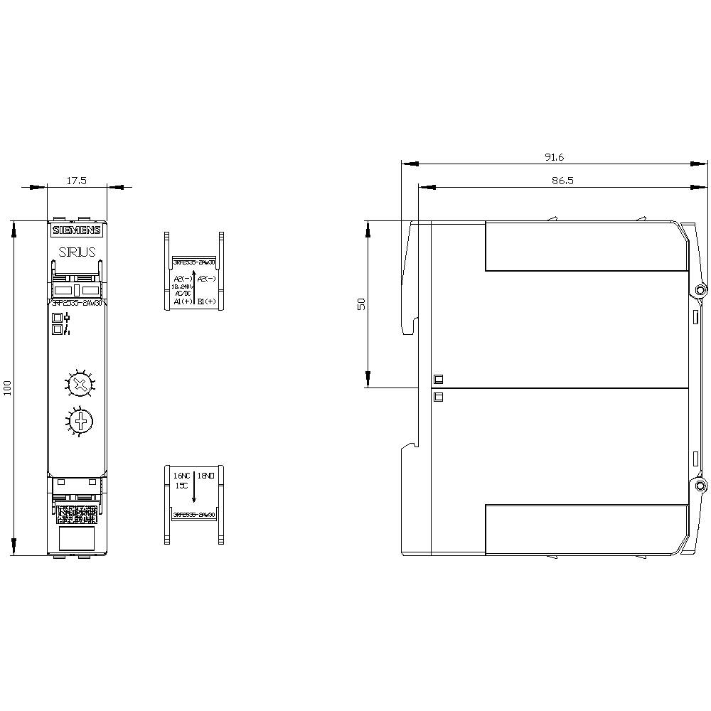 'Technical drawing of a Sirius relay with precise dimensional specifications: width 175mm, depth 91.6mm, height 130mm. Side and front views shown.'