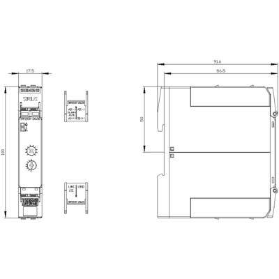 'Technical drawing of a Sirius relay with precise dimensional specifications: width 175mm, depth 91.6mm, height 130mm. Side and front views shown.'