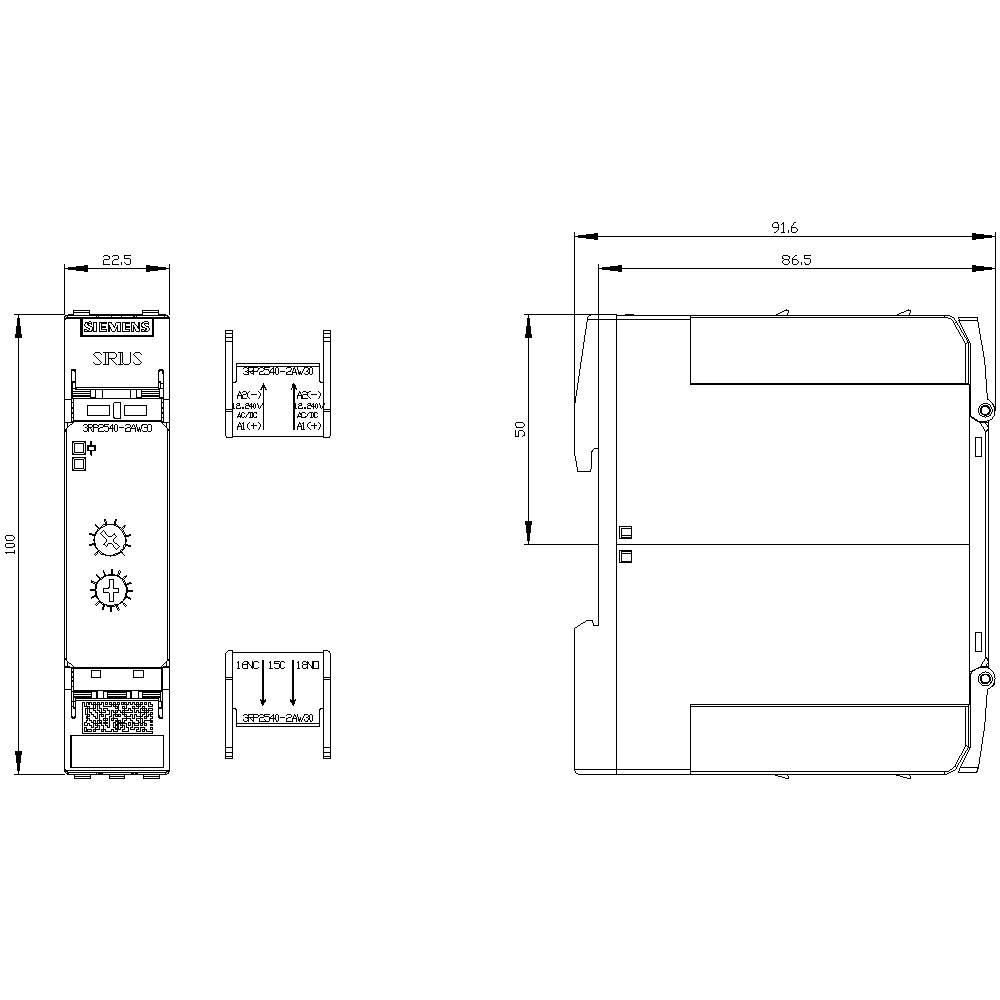 Technical drawing of an electrical component with dimensions: Length 100 mm, Width 91.6 mm, Height 22.5 mm. Side and front views visible.