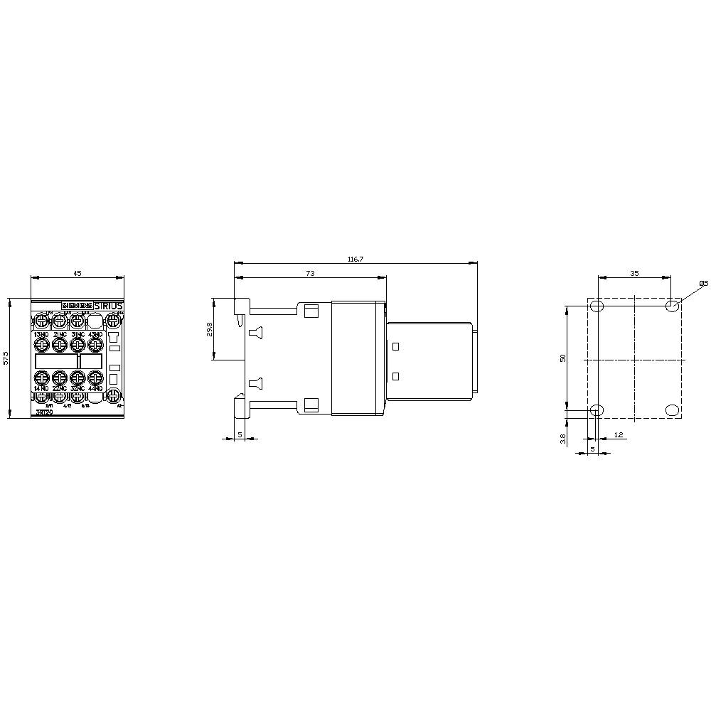 Technical drawing of a rectangular connector with dimensions and detailed views from front, side, and top perspectives.