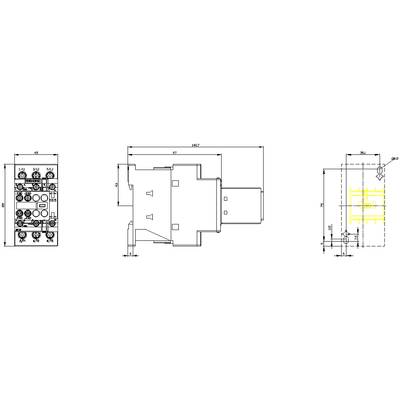 Technical drawing of a connector: front view, side view and top view, with dimensions in millimetres.