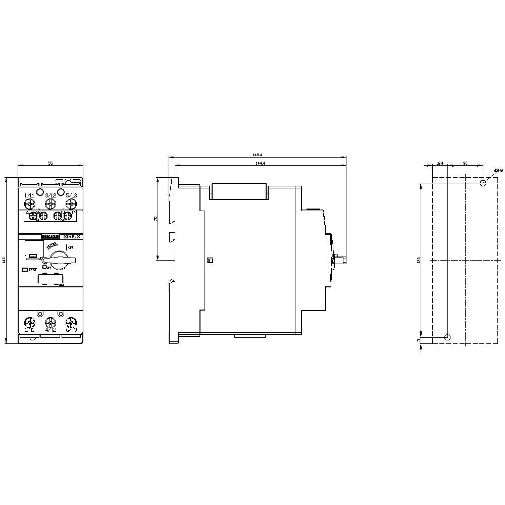 Technical drawing of an electronic device with detailed dimensions and connections from various side views.