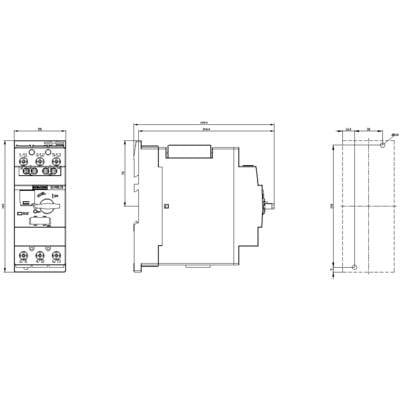 Technical drawing of an electronic device with detailed dimensions and connections from various side views.