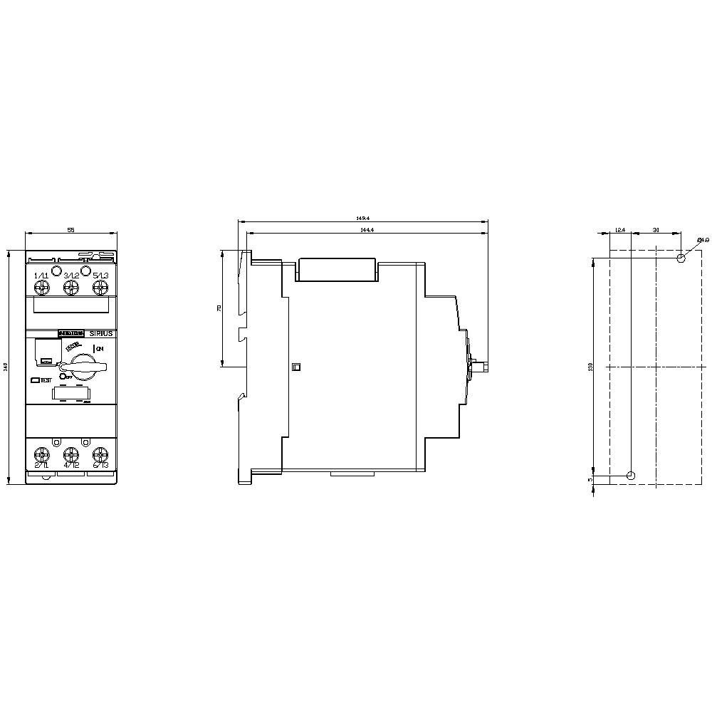 Circuit diagram of an electrical device with front view on the left, side view in the centre, and top view on the right. Dimensions in millimetres.