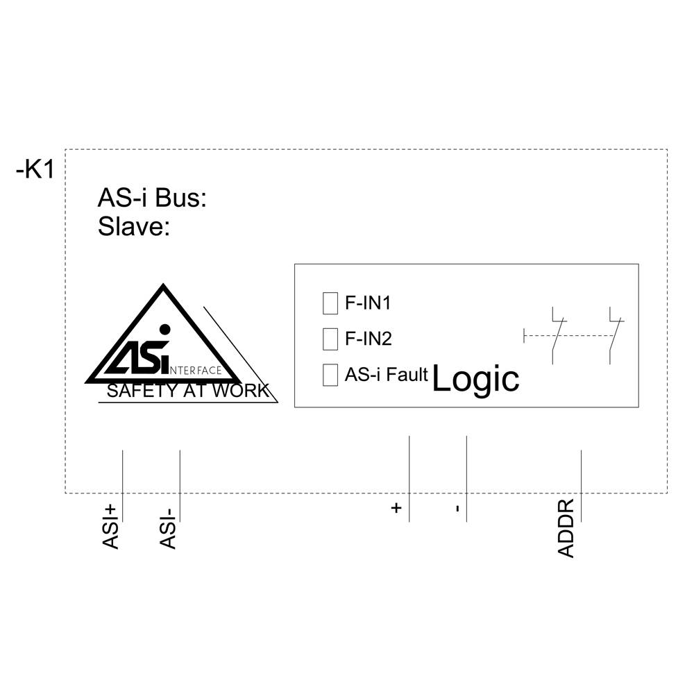 'Wiring diagram for AS-i Bus: Slave - Contains AS-i logo, safety marking, and inputs F-IN1, F-IN2 with error message logic.'