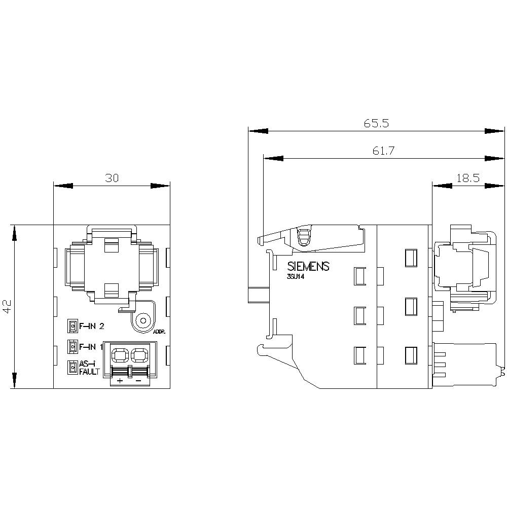 Technical drawing of a Siemens device with dimensions: width 30 mm, height 42 mm, depth 65.5 mm. Contains connections and switches.
