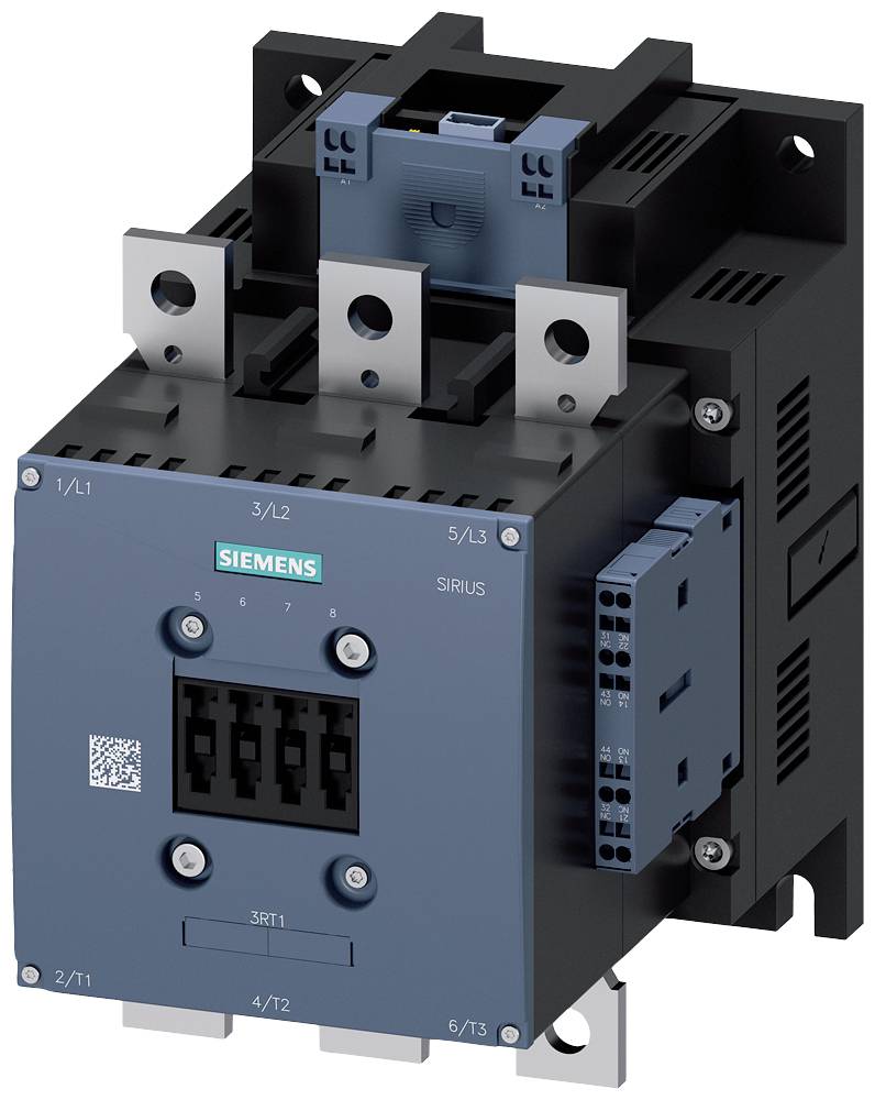 A Siemens contactor with a blue front panel, silver connections on top, and multiple screw terminals on the sides.