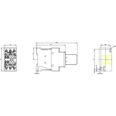 Technical drawing of an electrical component with dimensions and three views. Front, side, and top views are shown.