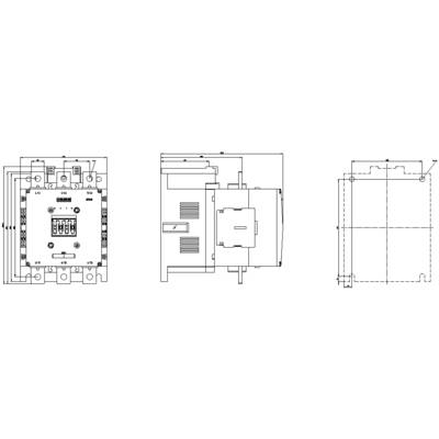 Technical drawing of an electrical contactor in three views: front view, side view, and top view.